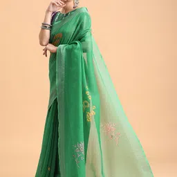 Sangria Green & Yellow Floral Embroidered Pure Linen Saree-image-89