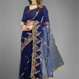 BARKIYA CREATION Embellished Beads & Stones Net Saree image 2