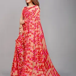 B4ME.COM Red & Peach-Coloured Mirror Work Pure Georgette Saree image 3