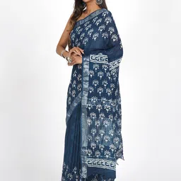 TEEJH Dabu Zari Linen Blend Block Print Saree image 3