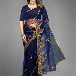 BARKIYA CREATION Embellished Beads & Stones Net Saree image 4