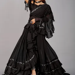 b4me.com B4ME COM Black Ruffel Boarder Pure Georgette Saree image 5
