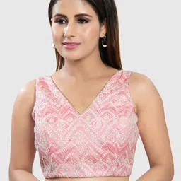 SALWAR STUDIO Pink Embroidered Sleeveless Art Silk Readymade Saree Blouse-picture-49