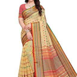 Leeza Store Beige & Green Ethnic Motifs Zari Kota Saree-image-44