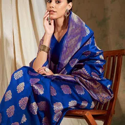 Sangria Blue Ethnic Motifs Woven Design Zari Banarasi Saree-picture-13