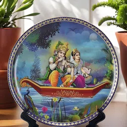 The Decor Lane Blue & Yellow Ceramic Indian Mythological Scene Wall Plate With Stand-picture-23