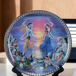 The Decor Lane Blue & Pink Printed Ceramic Wall Plate With Stand-image-82