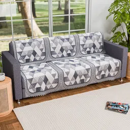 Kuber Industries White & Grey Set Of 2 Geometric Printed 3-Seater Sofa Covers-80