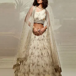 Fusionic Cream-Coloured & Gold-Toned Embroidered Sequinned Semi-Stitched Lehenga & Unstitched Blouse With-6