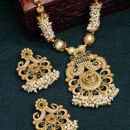 PANASH Gold- Plated Green Stone Studded & Beaded Jewellery Set-2