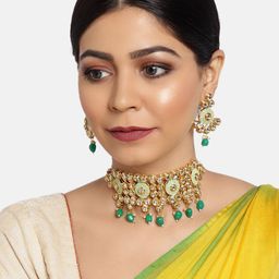 Zaveri Pearls Gold-Plated & Green Kundan Studded Jewellery Set-4
