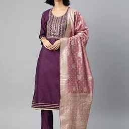 SERONA FABRICS Women Violet Embroidered Kurta with Trousers & With Dupatta-picture-22