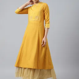 W Women Dark Yellow A-line Embroidered Kurta with Sequins-picture-5