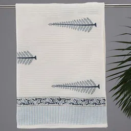 Peepul Tree White & Blue Printed Cotton 300 GSM Towel Set-48