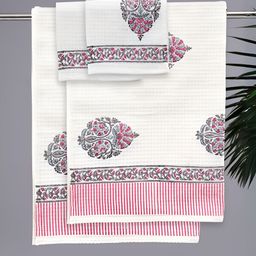 Peepul Tree White & Pink 4 Pieces Printed Cotton 300 GSM Towels-73