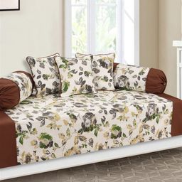SHADES of LIFE Cream & Grey 8 Pcs Rose Floral Printed Cotton Diwan Set-image-88