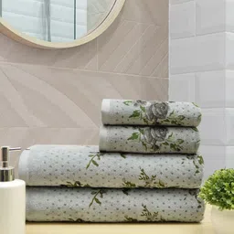 RANGOLI Set Of 4 Grey & Green Printed 450 GSM Pure Cotton Towels-15