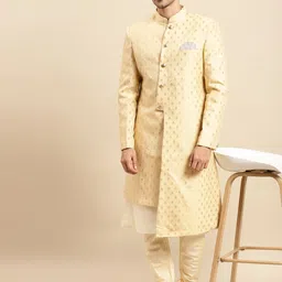 KISAH Men Gold Toned & Silver-Toned Woven Design Sherwani Set-image-69