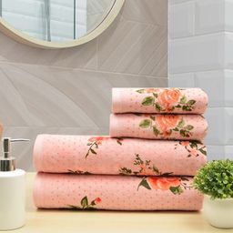 RANGOLI Pink & Green 4 Pieces Floral Printed Pure Cotton 450 GSM Cotton Towel Set-12