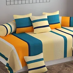 RRC 8-pcs Yellow & Green Striped Microfiber Cotton Diwan Set-46
