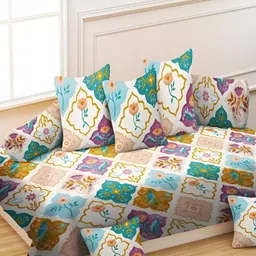 RRC 8-pcs White & Blue Geometric Printed Microfiber Cotton Diwan Set-13