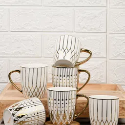 Femora Fine White & Gold-Toned 6 Pieces Modern Branch Pattern Bone China Cups 160 ml Each-51
