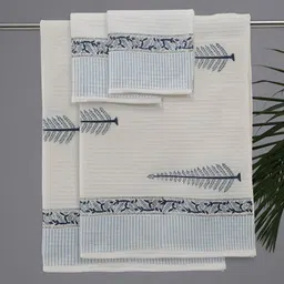 Peepul Tree White & Blue 4 Pieces Printed Cotton 300 GSM Towel Set-image-77