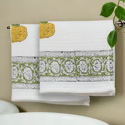 Peepul Tree White & Yellow 2 Pieces Printed Cotton 300 GSM Hand Towels-11