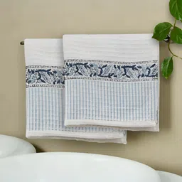 Peepul Tree White & Blue 2 Pieces Printed Cotton 300 GSM Hand Towels-image-65