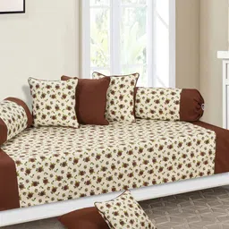 SHADES of LIFE Cream & Brown 8 Pcs Rose Floral Printed Cotton Diwan Set-26