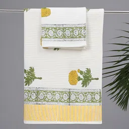 Peepul Tree White & Yellow 2 Piece Printed Cotton 300 GSM Towel Set-12