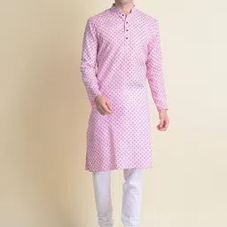 NAMASKAR Men Pink Cotton Printed Kurta with Churidar-picture-10
