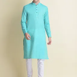 NAMASKAR Men Blue Solid Cotton Linen Kurta with Pyjamas-image-73
