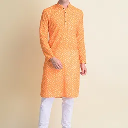 NAMASKAR Men Yellow Printed Cotton Kurta with Churidar-picture-23