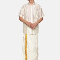 Sethukrishna Men Cream-Coloured & White Shirt with Dhoti Pants-picture-26