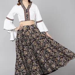 ZNX Clothing Women White & Brown Printed Pure Cotton Crop Top with Skirt-image-18