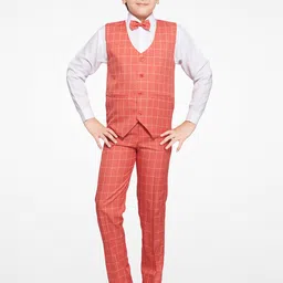 Jeetethnics Boys Peach-Coloured Checked Shirt with Trousers & Waistcoat-picture-1