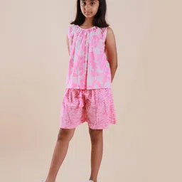 Sangria Girls Floral Printed Pure Cotton Top With Shorts-image-64