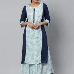 Aurelia Women LIVA Blue Ethnic Kurta and Flared Culottes-image-2