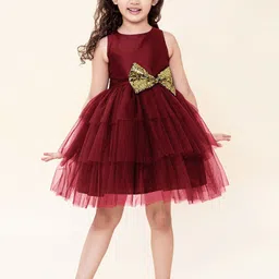 A.T.U.N. Girls Maroon Layered Net Dress With Headband-25