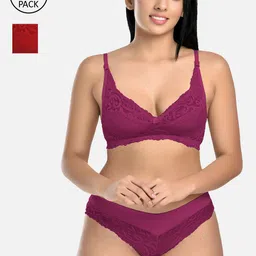 StyFun Women Pack Of 2 Floral Solid Lace Lingerie Set-image-68