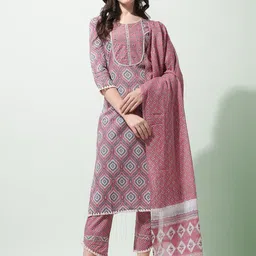 KALINI Women Plus Size Coral & White Pure Cotton Kurta with Trousers &  Dupatta-image-73
