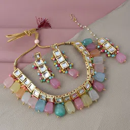 LUCKY JEWELLERY 18k Gold Plated Green & White Kundan-Studded & Beaded Jewellery Set-picture-11
