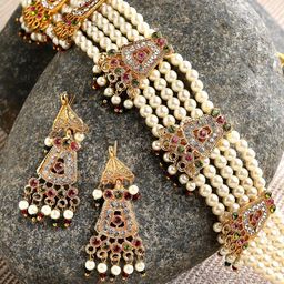 ZENEME Gold-Plated Stone-Studded & Beaded Choker Necklace Set-image-43