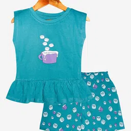 KiddoPanti Girls Teal & White Printed Pure Cotton Night suit-image-41
