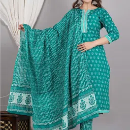 ZOYOTO Floral Printed Regular Gotta Patti Pure Cotton Kurta With Trousers & Dupatta-picture-24