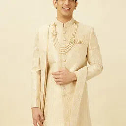Manyavar Beige Self-Design Sherwani & Solid Pyjama with Matching Dupatta image 1