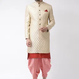 KISAH Men Cream & Pink Self-Design Sherwani Set-picture-57