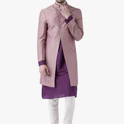 KISAH Men Purple & White Woven Design Jacquard Kurta Churidar Sherwani Set-picture-10