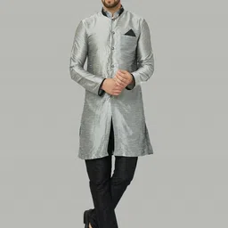 Kaifoo Men Silver Coloured Solid Sherwani Set-image-92
